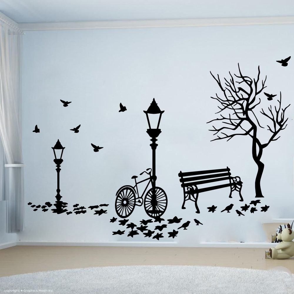 Baby Nursery Wall Lights - Modern Sonbahar Manzara Bisiklet Ağacı Sokak