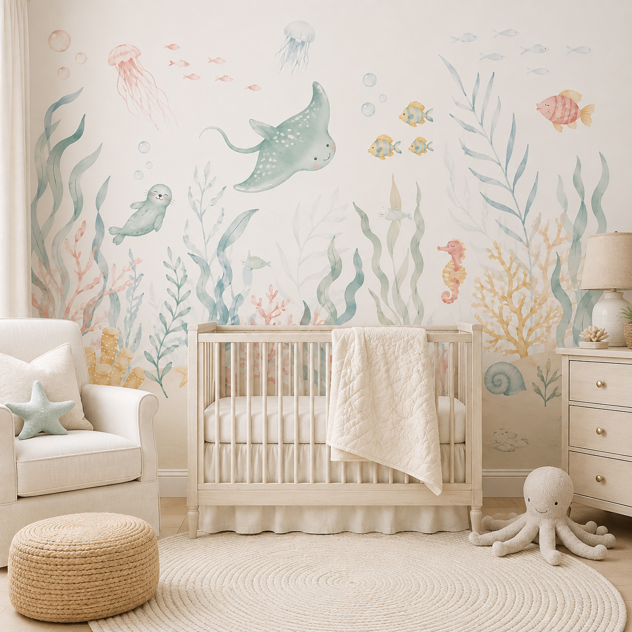Okyanus Hayvanları Kendinden Y - Baby Nursery Peel And Stick Wallpaper incelemesi ve fiyatı